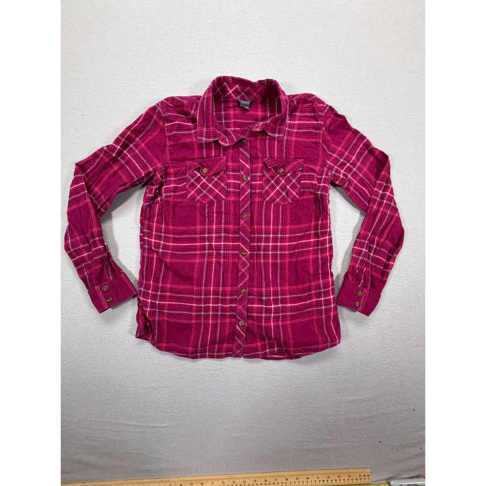 Eddie Bauer Womens Shirt Relaxed Magenta Plaid Cotton Button Down M